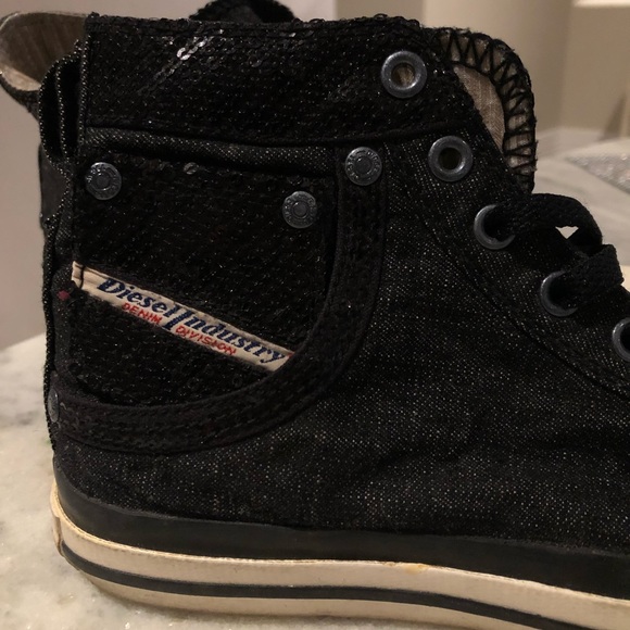 DIESEL High-Top Black Jean Sneakers With Sequins - Picture 6 of 14